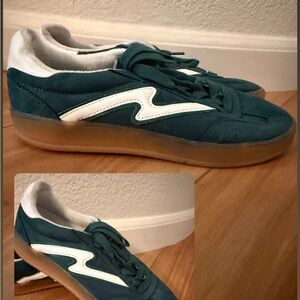 Madden Girl Giia Green Suede Sneakers with White Stripe and Gum Sole